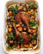 Roast duck legs with vegetables